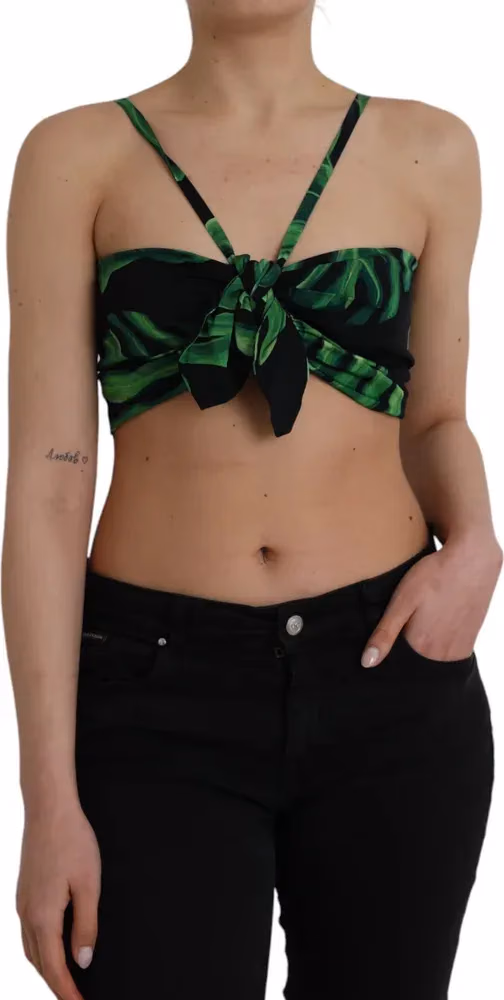Dolce & Gabbana Black Green Leaf Silk Halter Cropped Top