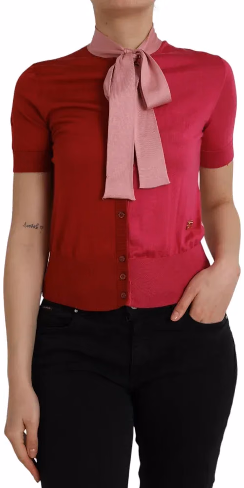 Dolce & Gabbana Pink Short Sleeves Pullover Ascot Collar Top