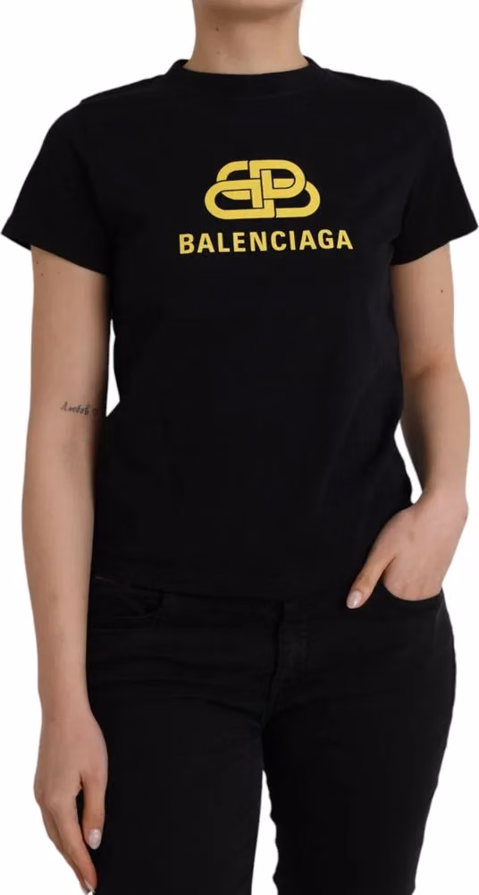 Balenciaga Black Cotton Logo Print Crew Neck Short Sleeves T-shirt