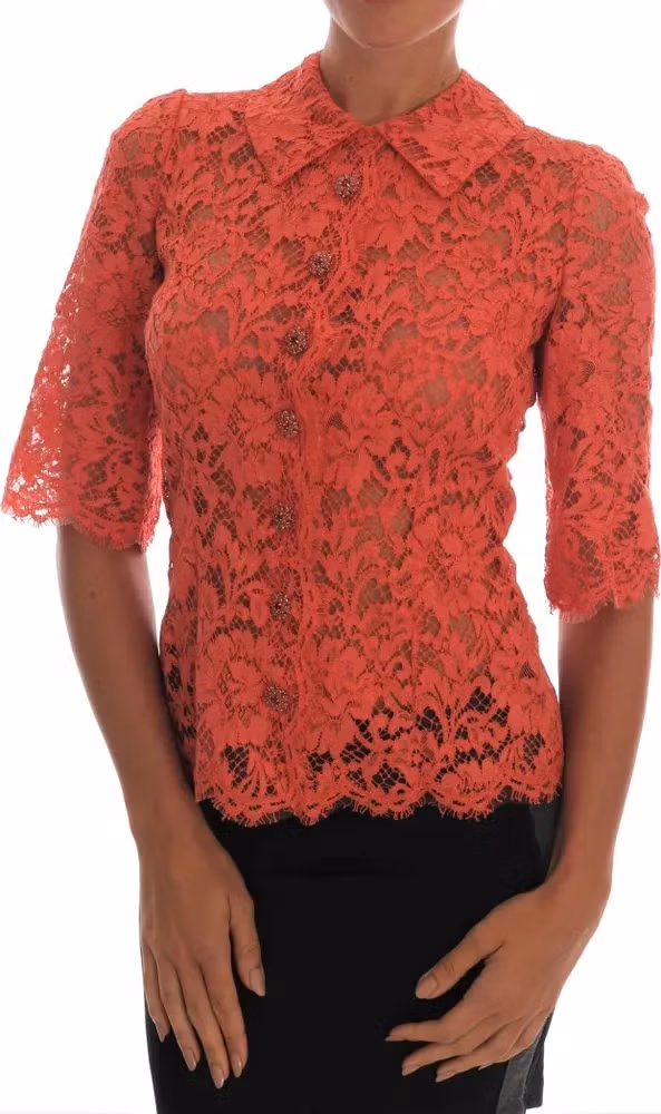 Dolce & Gabbana Orange Crystal Buttons Floral Lace Blouse