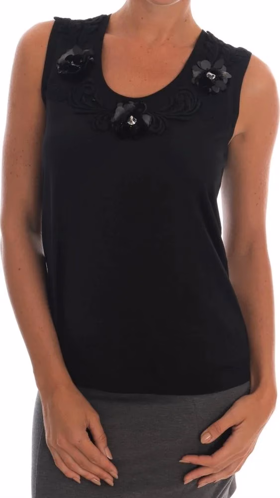 Dolce & Gabbana Black Cotton Floral Crystal Tank Top