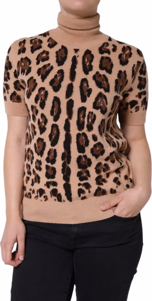 Dolce & Gabbana Beige Leopard Print Wool Turtleneck Top