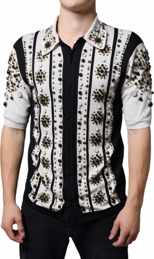 Dolce & Gabbana White Black Silk Studded Stone Crystal Shirt