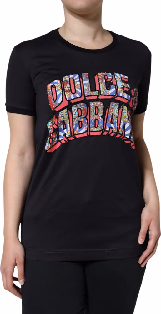 Dolce & Gabbana Black Cotton Logo Print Round Neck T-shirt