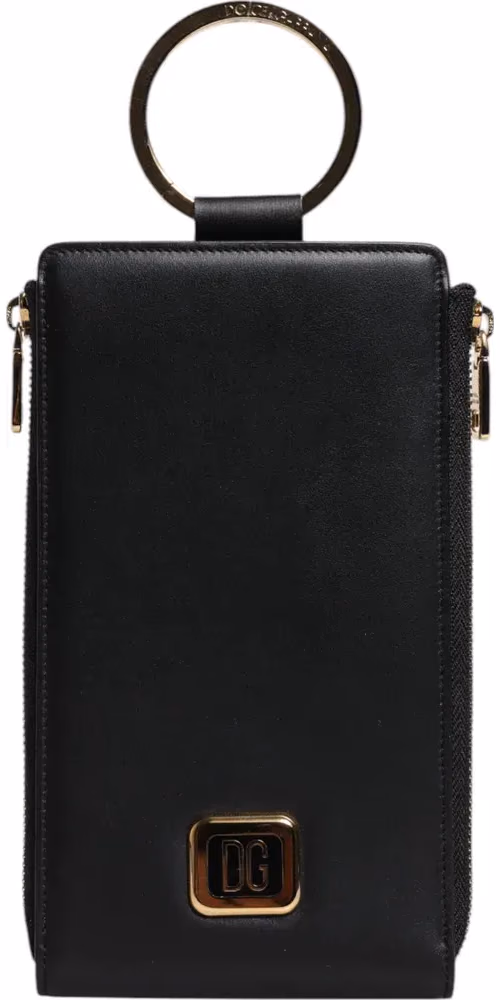 Dolce & Gabbana Black Leather Logo Plaque Neck Strap Card Coin Wallet