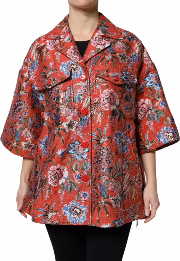 Dolce & Gabbana Red Floral Jacquard Button Down Coat Jacket