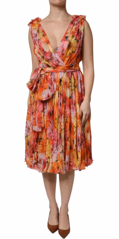 Dolce & Gabbana Multicolor Floral Silk V-neck Chiffon Dress