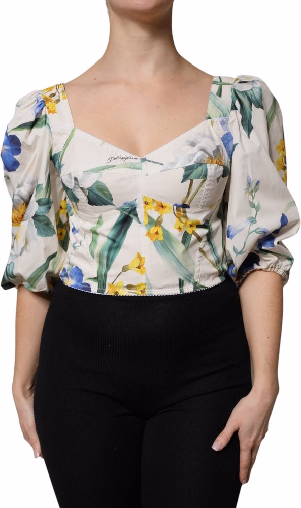 Dolce & Gabbana White Floral Puff Sleeves Crop Blouse Top