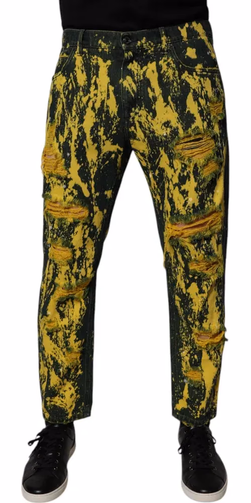 Dolce & Gabbana Black Yellow Tie Dye Tattered Skinny Men Denim Jeans