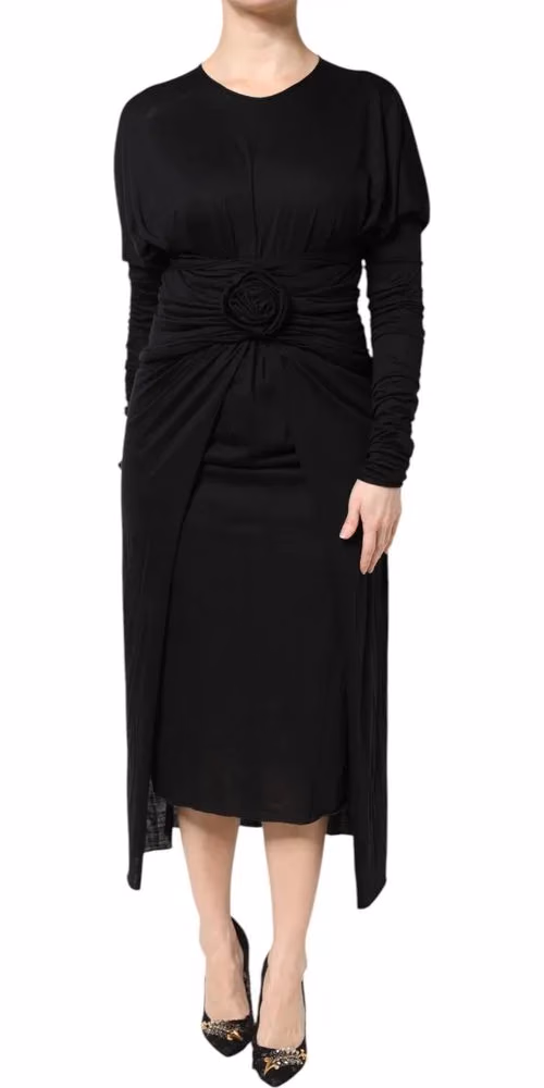 Dolce & Gabbana Black Wool Long Sleeves Sheath Midi Dress