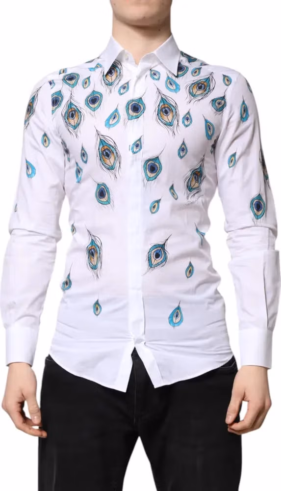 Dolce & Gabbana White Cotton Feather Print GOLD Dress Shirt