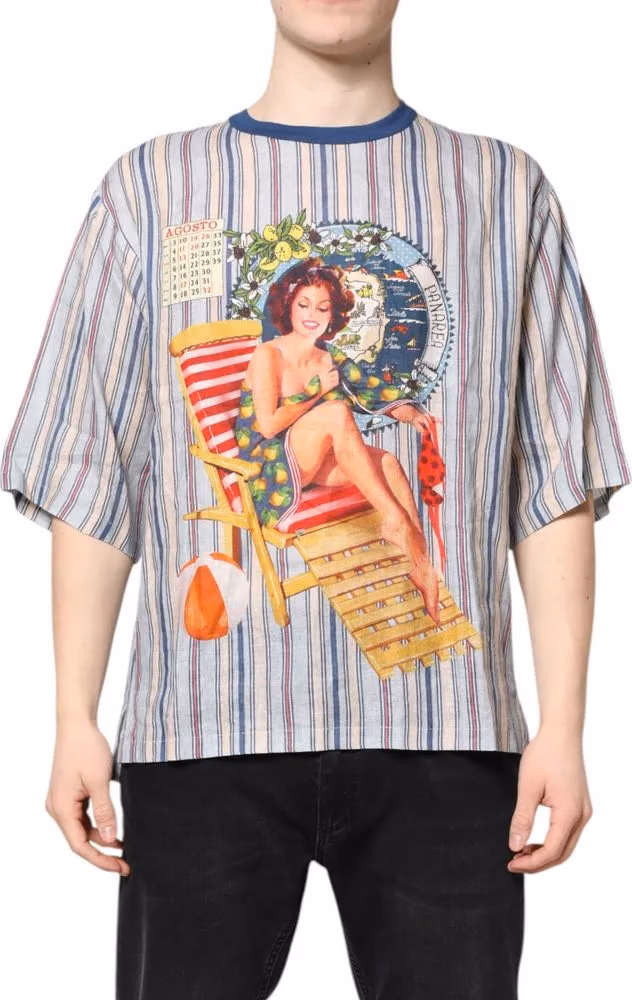 Dolce & Gabbana Multicolor Striped Pin Up Linen Round Neck T-shirt