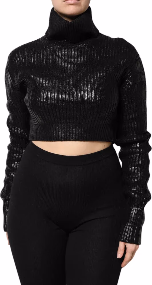 Dolce & Gabbana Black Wool Long Sleeve Turtleneck Cropped Top