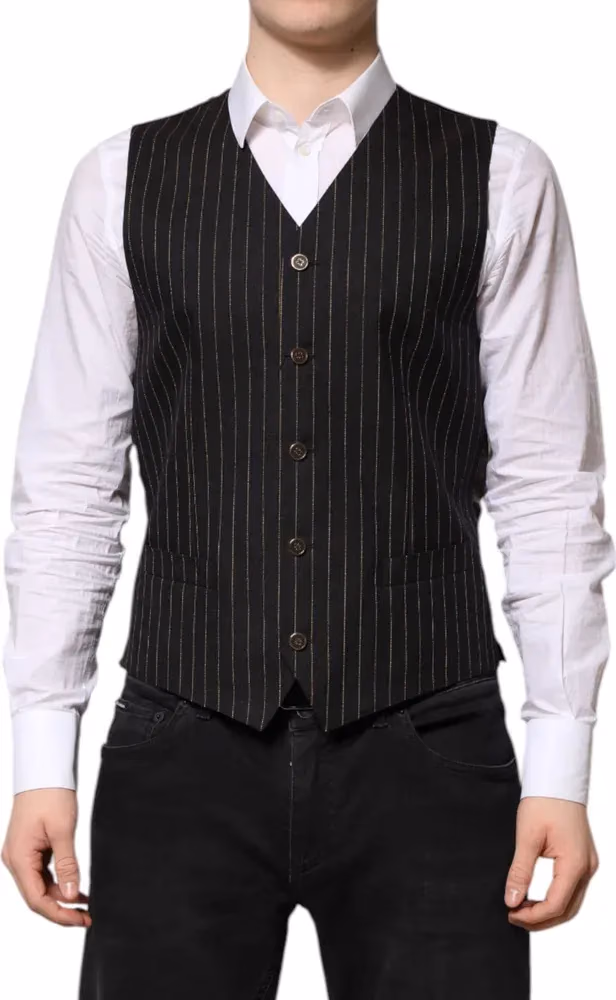 Dolce & Gabbana Black Stripes Wool Formal Men Waistcoat Vest