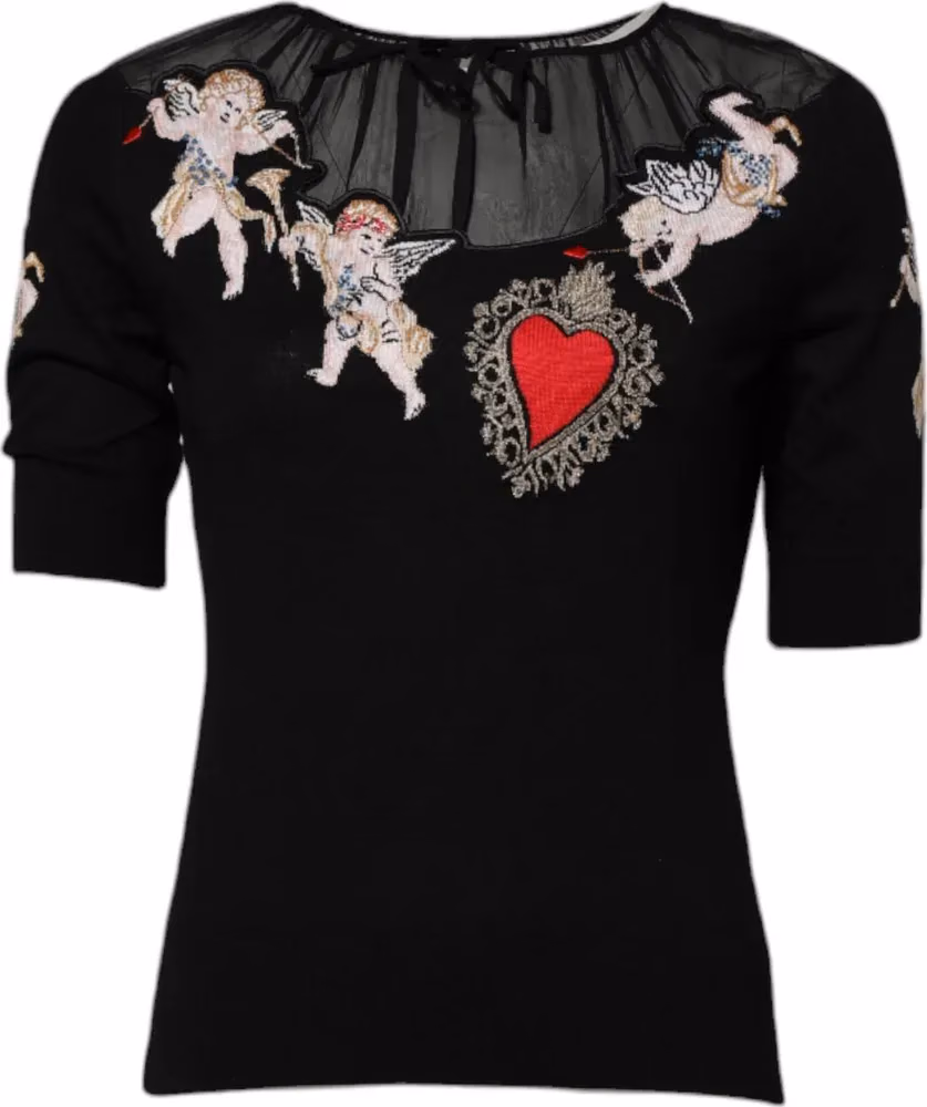 Dolce & Gabbana Black Sacred Heart Embroidered Crewneck Top