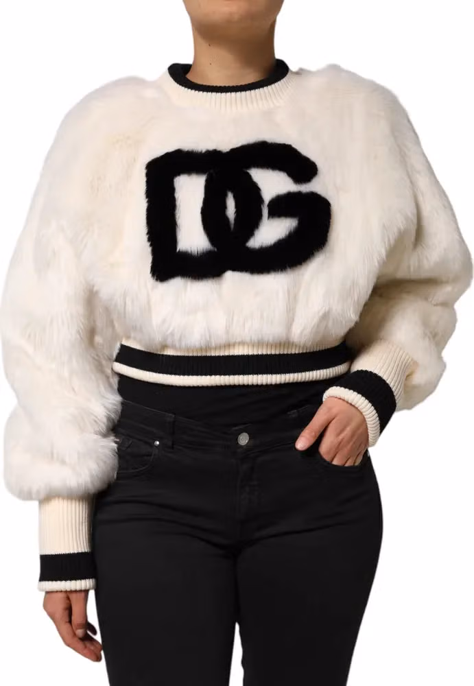 Dolce & Gabbana White Cropped Faux Fur DG Sweatshirt Sweater