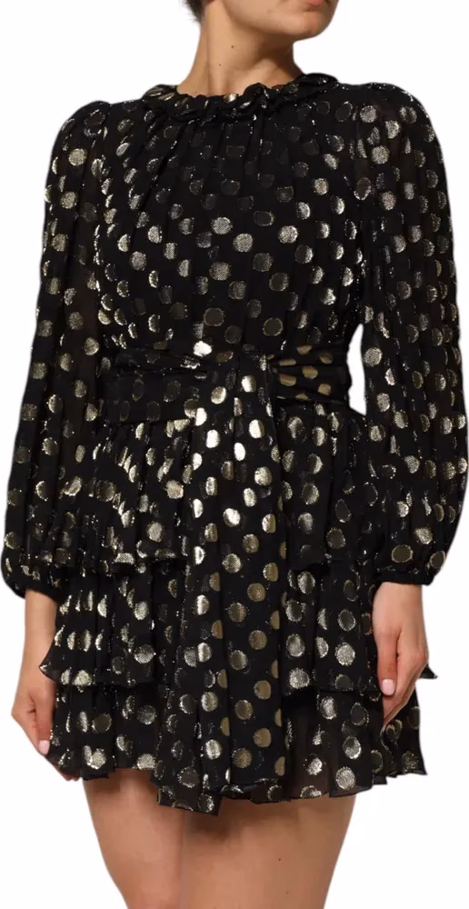 Dolce & Gabbana Dark Gray Gold Polka Dot Silk Brocade Mini Dress