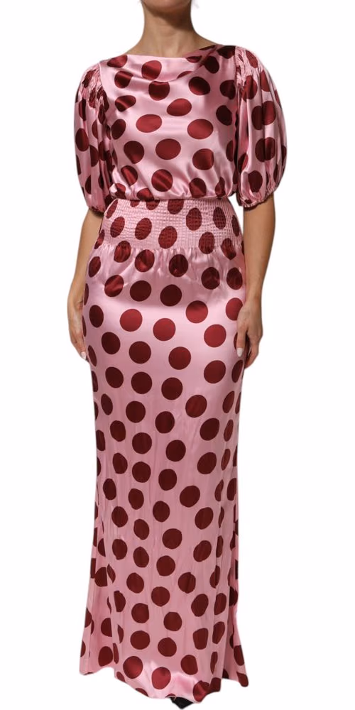 Dolce & Gabbana Pink Red Polka Dot Silk Satin Maxi Gown Dress