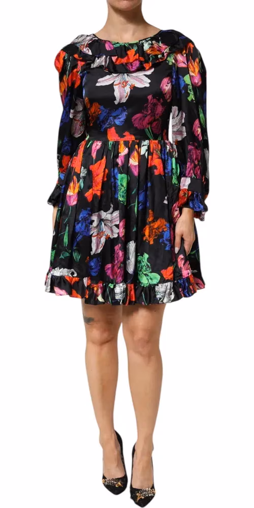 MSGM Dress Black Multicolor Floral Ruffle Long Sleeve Mini Dress