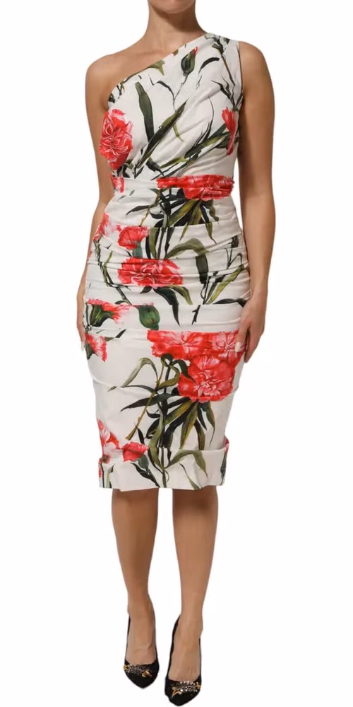 Dolce & Gabbana White Floral One Shoulder Sheath Dress