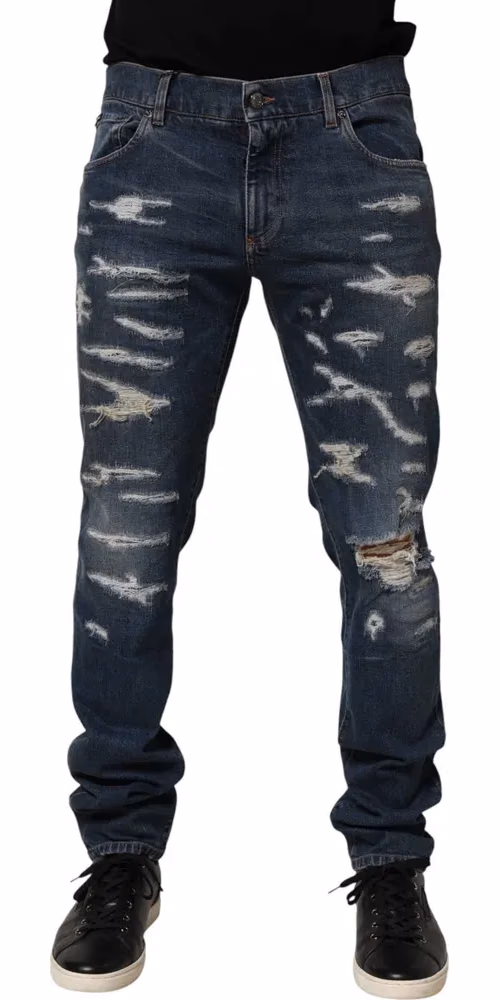 Dolce & Gabbana Blue Tattered Cotton Skinny Men Denim Jeans
