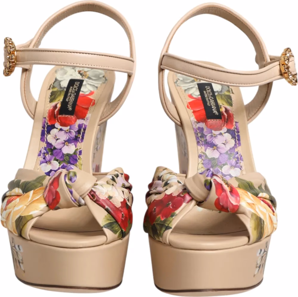 Dolce & Gabbana Beige Floral Ankle Strap Wedge Sandals Shoes