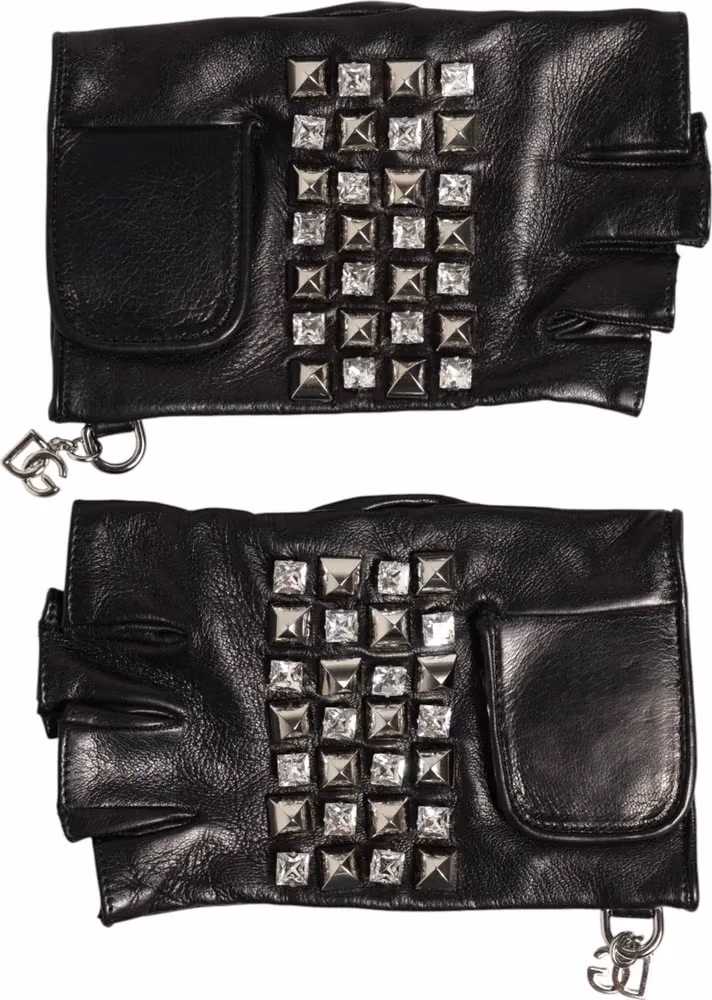 Dolce & Gabbana Black Leather Studded Fingerless Hand Mitten Men Gloves