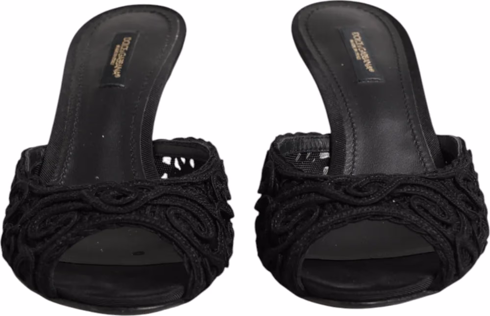Dolce & Gabbana Black Embroidered Slip On Heels Slides Shoes