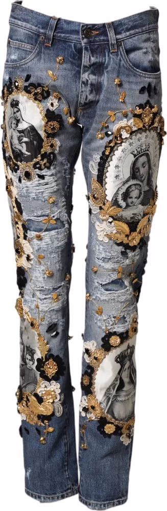 Dolce & Gabbana Blue Ripped Embellished Cotton Denim Jeans