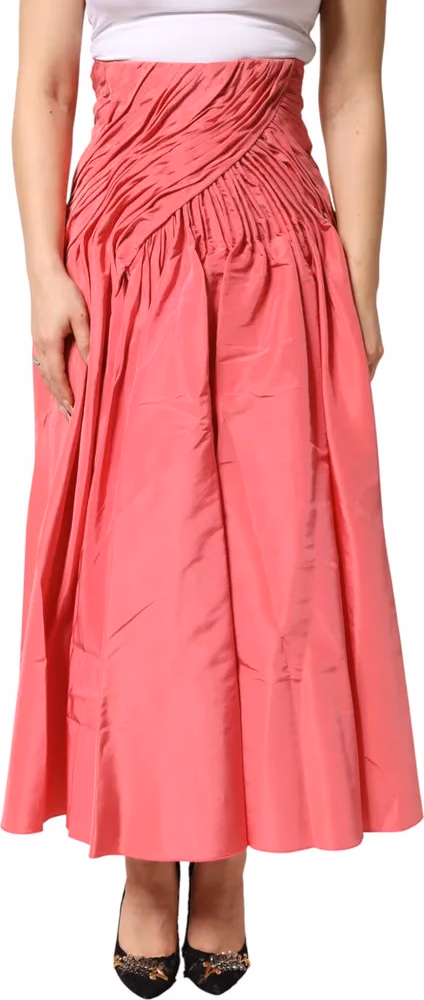 Dolce & Gabbana Pink Silk Pleated High Waist Midi Skirt