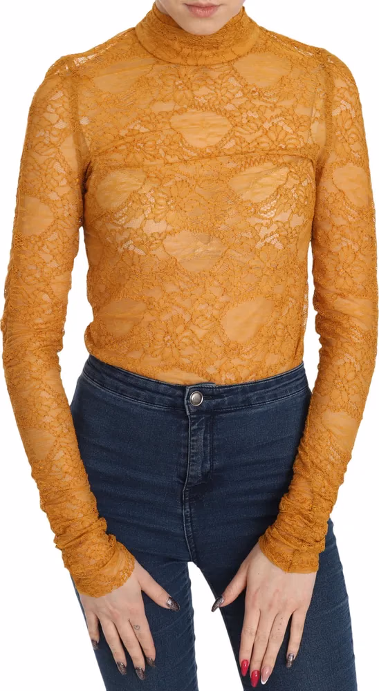 Mangano Mustard Turtle Neck Long Sleeve Lace Top Blouse